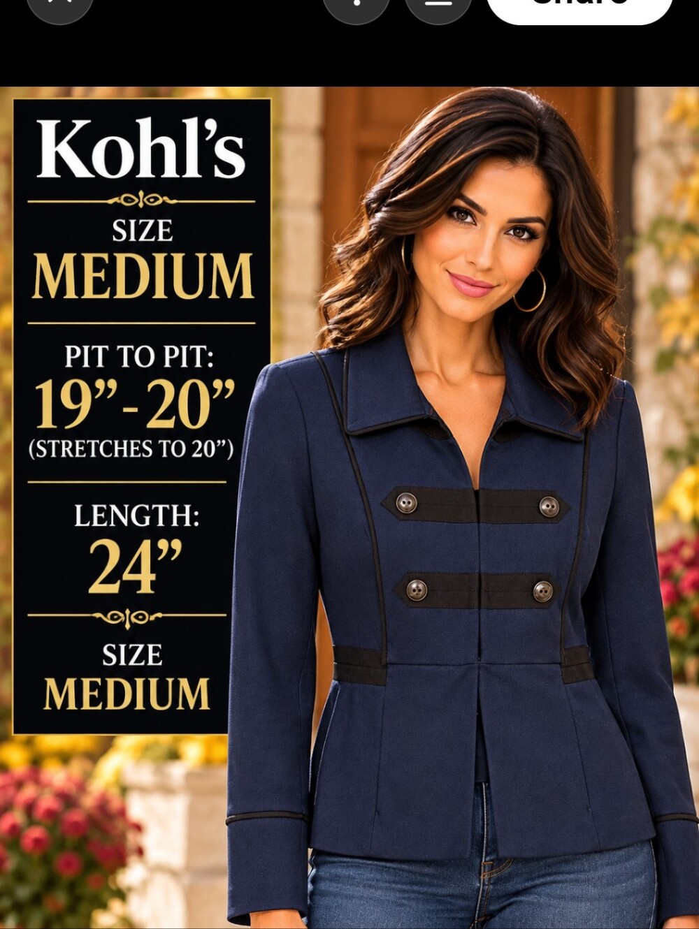 Kohl's Navy Military-Inspired Double-Breasted Women's Jacket with Black Trim